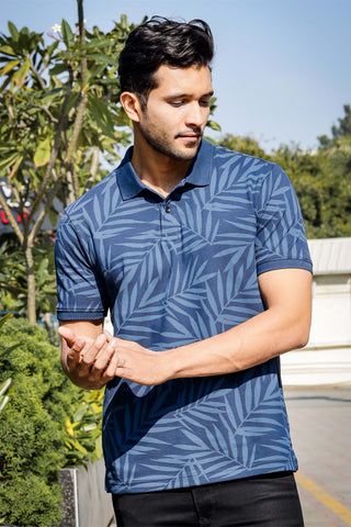 Men's Cotton Blend Leaf Printed Polo T-shirt