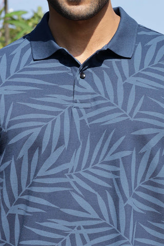Men's Cotton Blend Leaf Printed Polo T-shirt