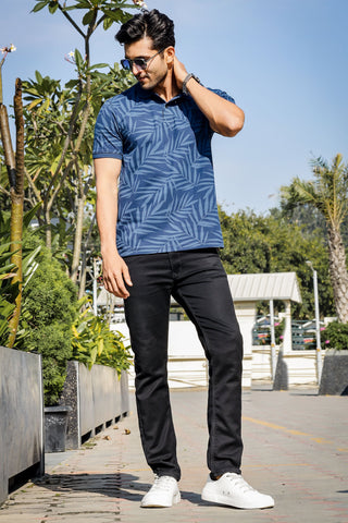 Men's Cotton Blend Leaf Printed Polo T-shirt