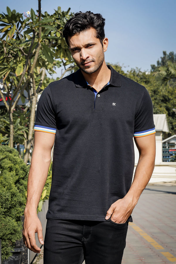 Men's Pure Cotton Polo T-shirt with Multicolor Piping