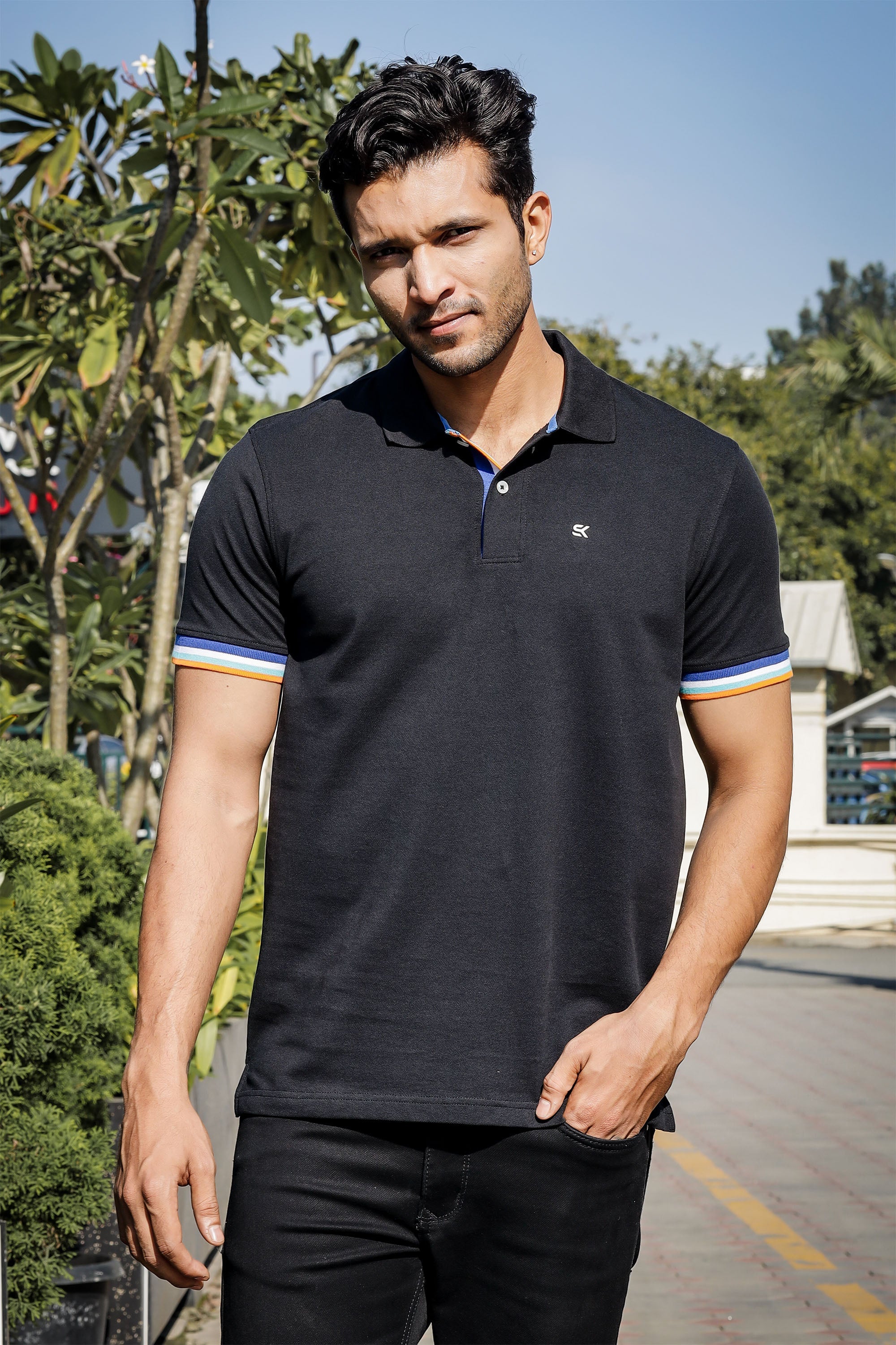 Men's Pure Cotton Polo T-shirt with Multicolor Piping
