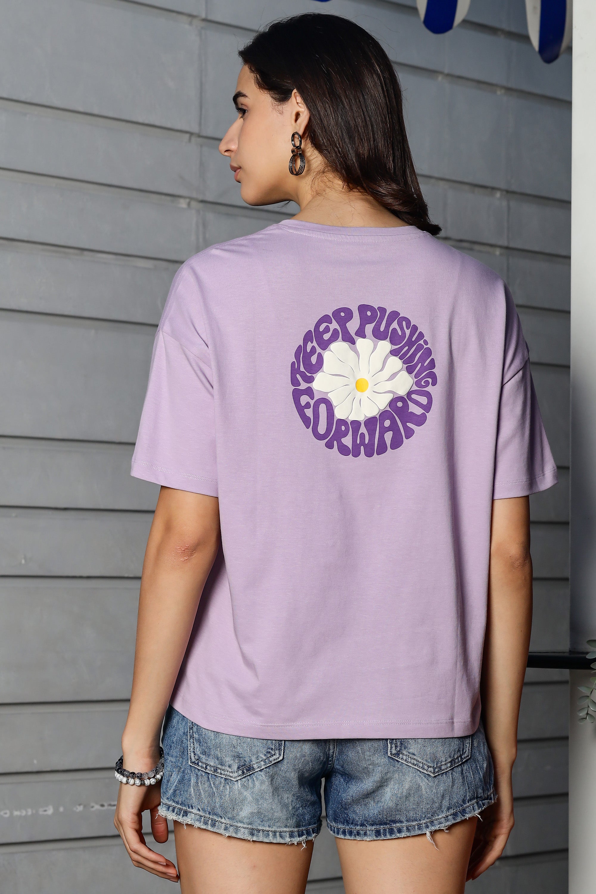 WOMEN LAVENDER FOREST DROP SHOULDER SLEEVES PRINTED T SHIRT