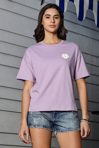 WOMEN LAVENDER FOREST DROP SHOULDER SLEEVES PRINTED T SHIRT