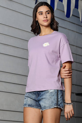WOMEN LAVENDER FOREST DROP SHOULDER SLEEVES PRINTED T SHIRT