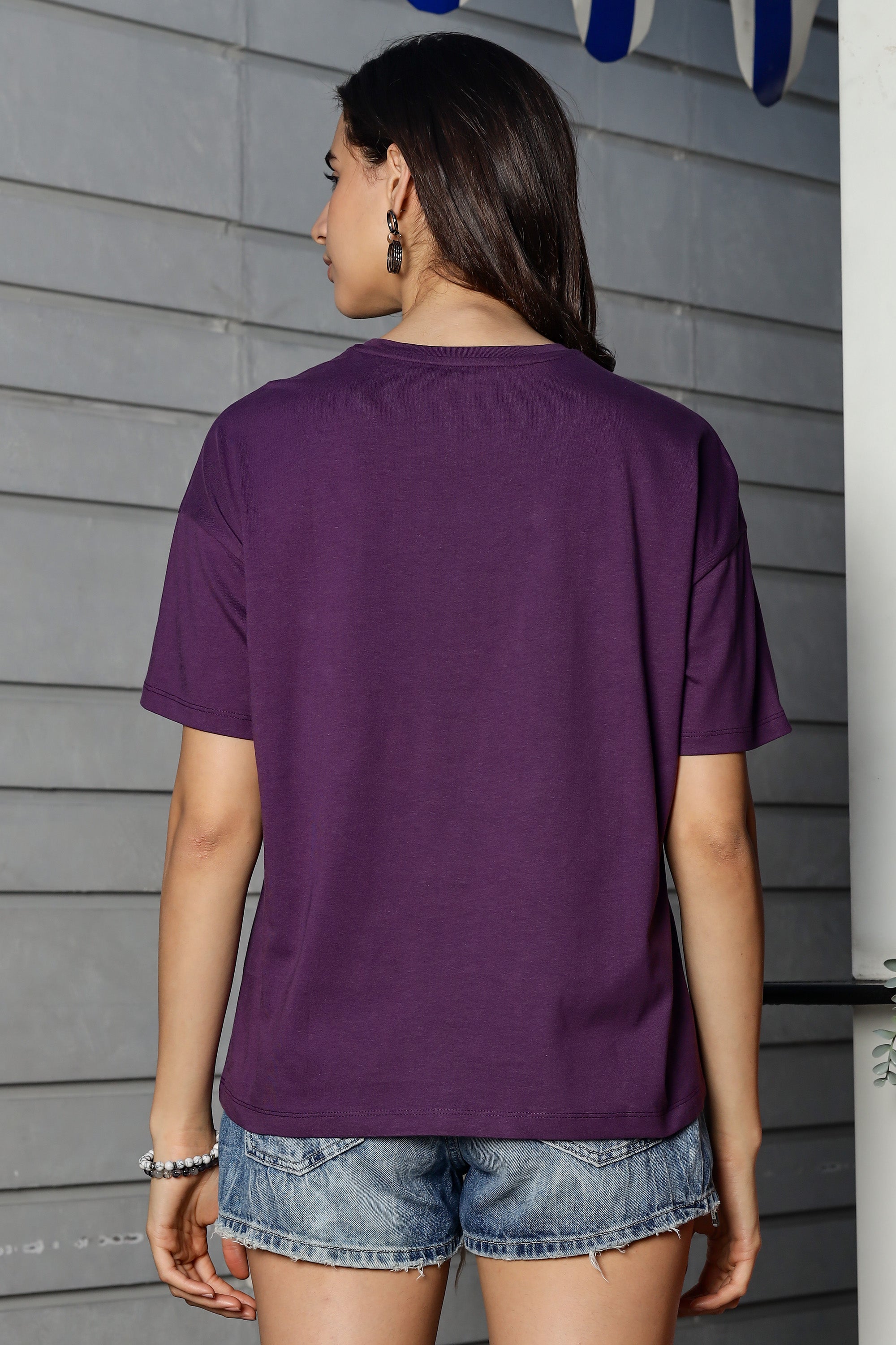 WOMEN DEEP PURPLE DROP SHOULDER SLEEVES PRINTED T SHIRT