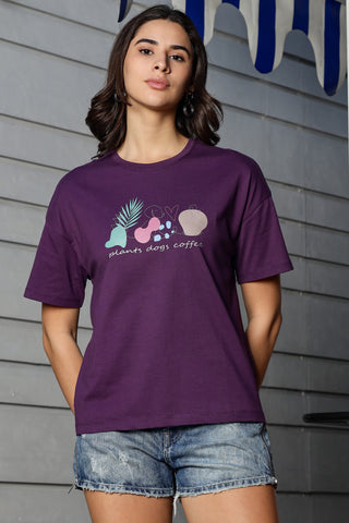 WOMEN DEEP PURPLE DROP SHOULDER SLEEVES PRINTED T SHIRT