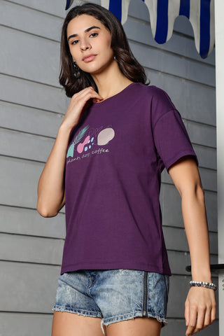 WOMEN DEEP PURPLE DROP SHOULDER SLEEVES PRINTED T SHIRT