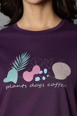 WOMEN DEEP PURPLE DROP SHOULDER SLEEVES PRINTED T SHIRT
