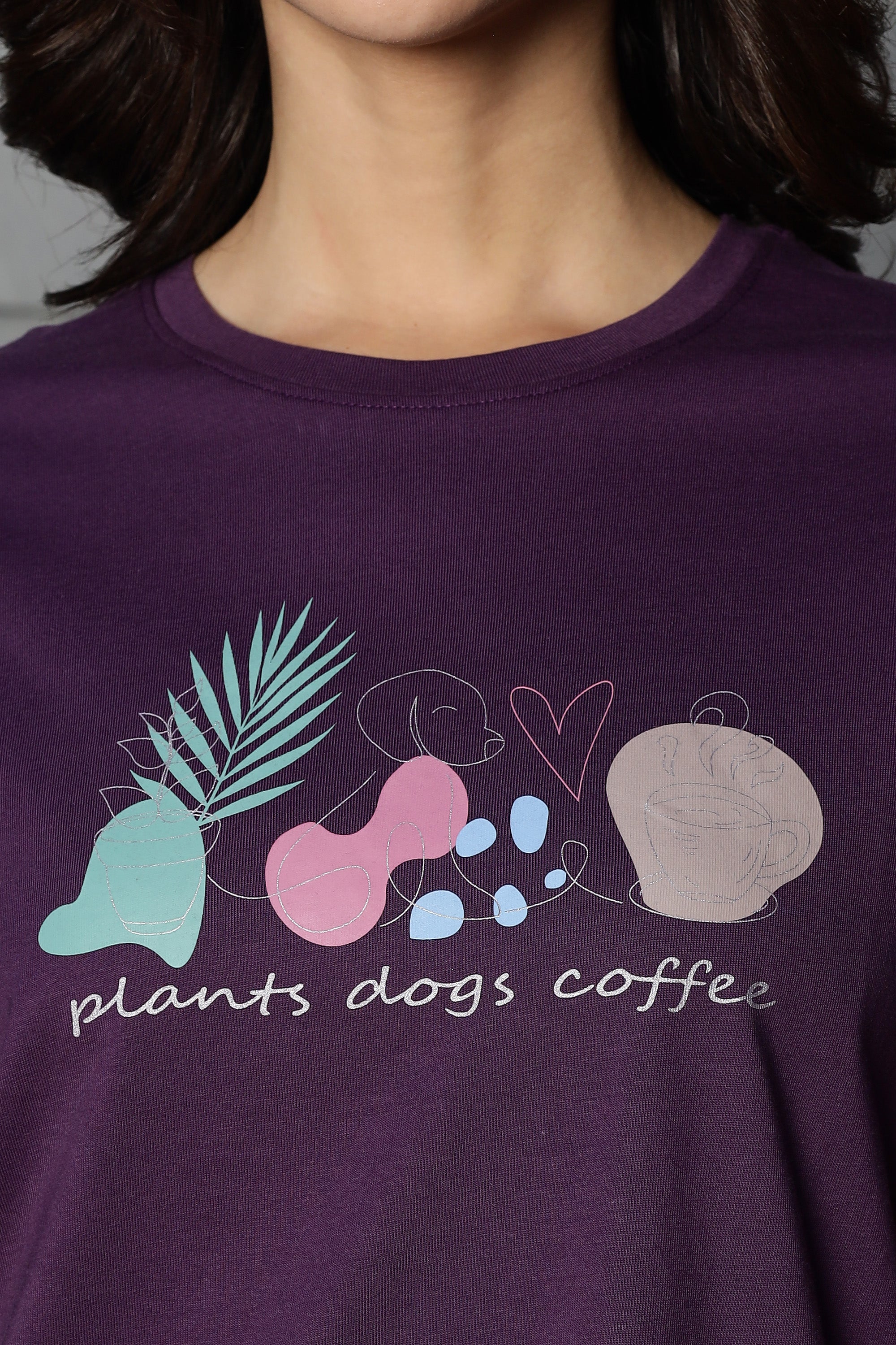 WOMEN DEEP PURPLE DROP SHOULDER SLEEVES PRINTED T SHIRT