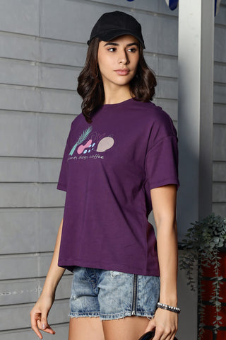 WOMEN DEEP PURPLE DROP SHOULDER SLEEVES PRINTED T SHIRT