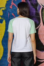 WOMEN LAUREL GREEN RAGLAN SLEEVES PRINTED T SHIRT
