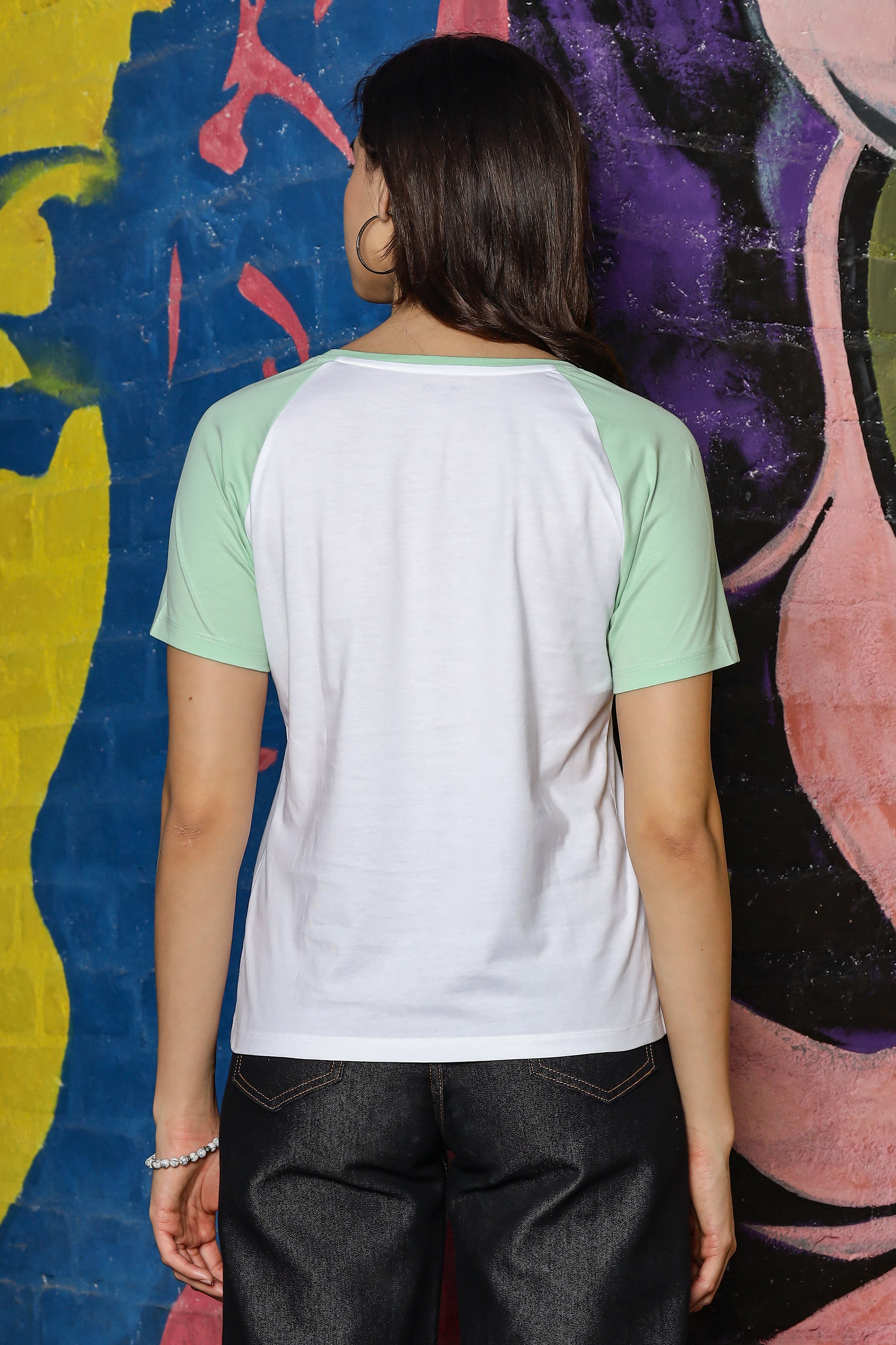WOMEN LAUREL GREEN RAGLAN SLEEVES PRINTED T SHIRT