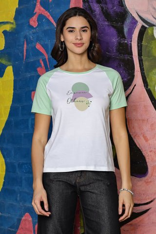 WOMEN LAUREL GREEN RAGLAN SLEEVES PRINTED T SHIRT