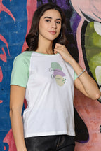 WOMEN LAUREL GREEN RAGLAN SLEEVES PRINTED T SHIRT