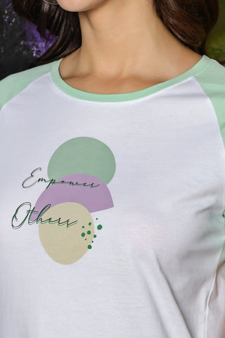 WOMEN LAUREL GREEN RAGLAN SLEEVES PRINTED T SHIRT