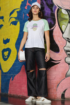 WOMEN LAUREL GREEN RAGLAN SLEEVES PRINTED T SHIRT