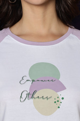 WOMEN MAUVE SHADOW RAGLAN SLEEVES PRINTED T SHIRT