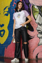 WOMEN MAUVE SHADOW RAGLAN SLEEVES PRINTED T SHIRT