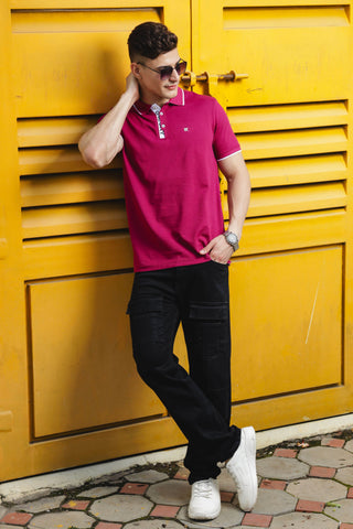 Men's Printed Collared Neck Dark Pink 100% Cotton Polo T-Shirt