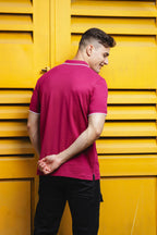 Men's Printed Collared Neck Dark Pink 100% Cotton Polo T-Shirt