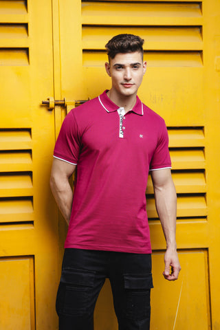 Men's Printed Collared Neck Dark Pink 100% Cotton Polo T-Shirt