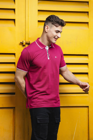 Men's Printed Collared Neck Dark Pink 100% Cotton Polo T-Shirt