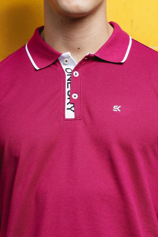 Men's Printed Collared Neck Dark Pink 100% Cotton Polo T-Shirt