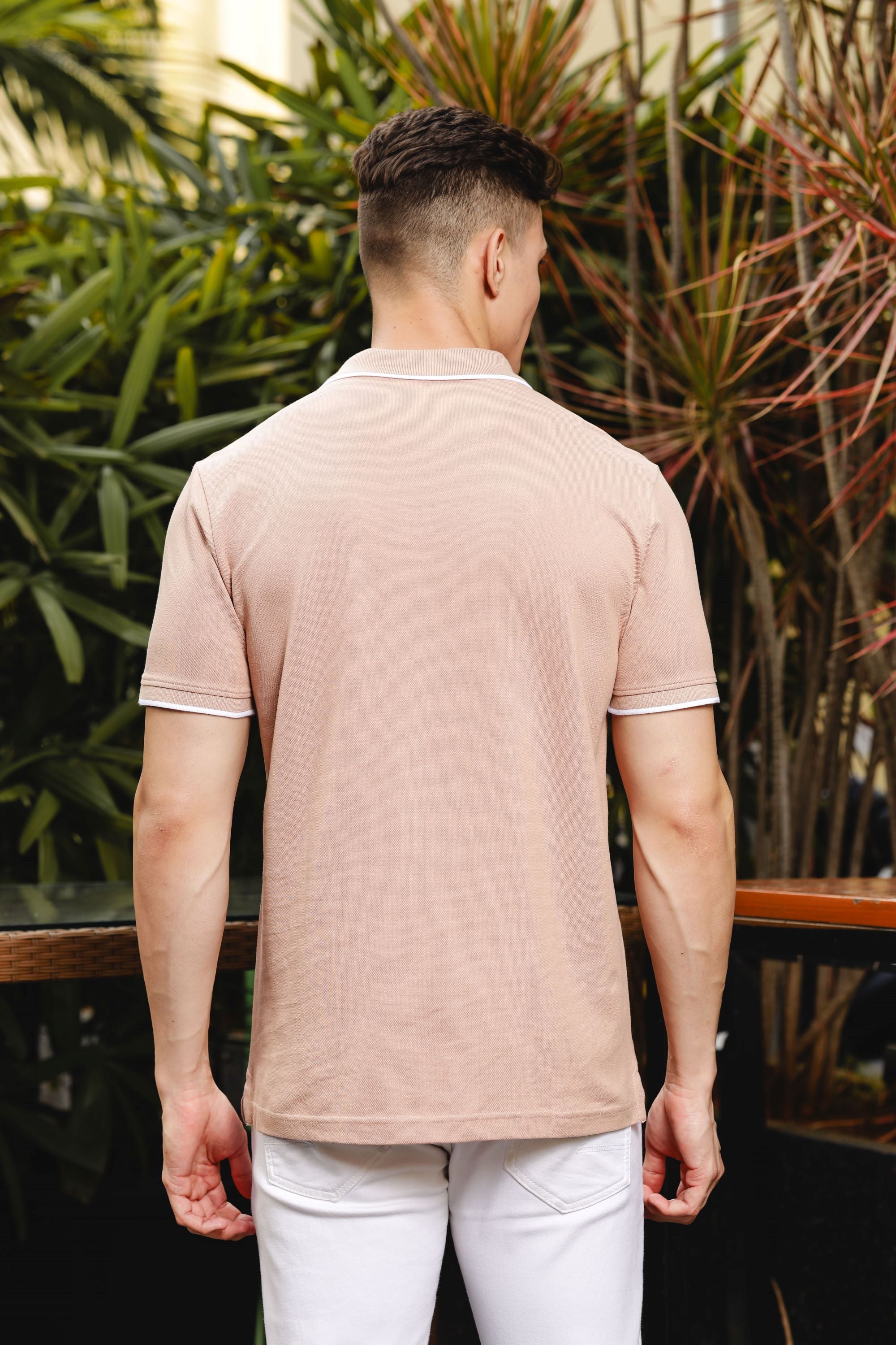 Mens Printed Collared Neck Beige 100% Cotton Polo T-Shirt