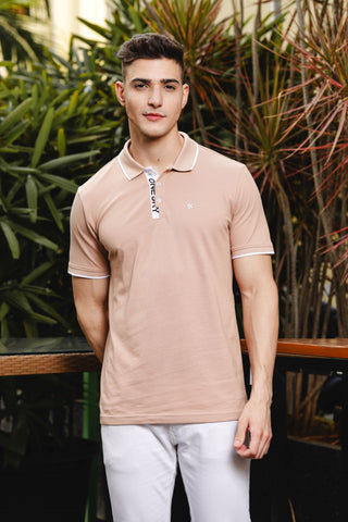 Mens Printed Collared Neck Beige 100% Cotton Polo T-Shirt