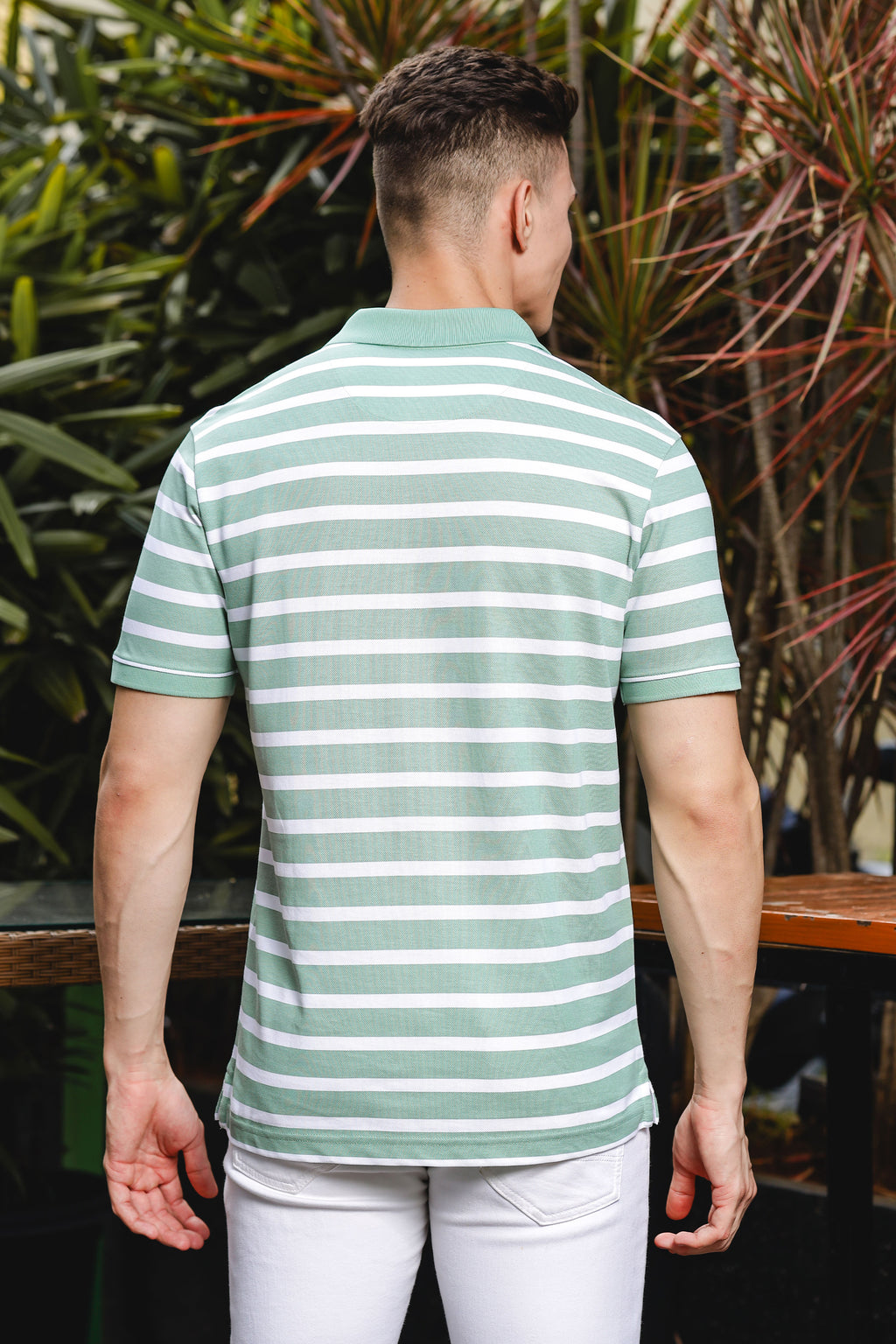 ONE SKY MEN SMOKE GREEN STRIPES POLO T SHIRT