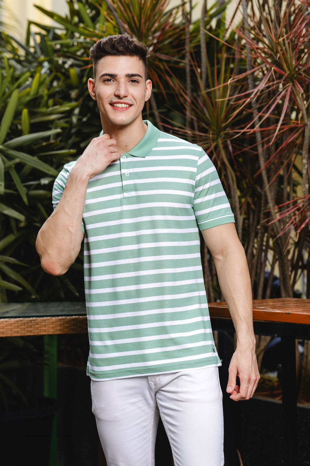 Mens Classic Cotton Polo with Stripes Green