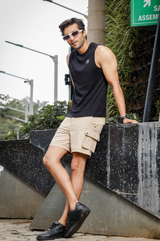 Mens Solid Beige Casual Shorts