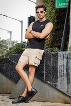 Mens Solid Beige Casual Shorts