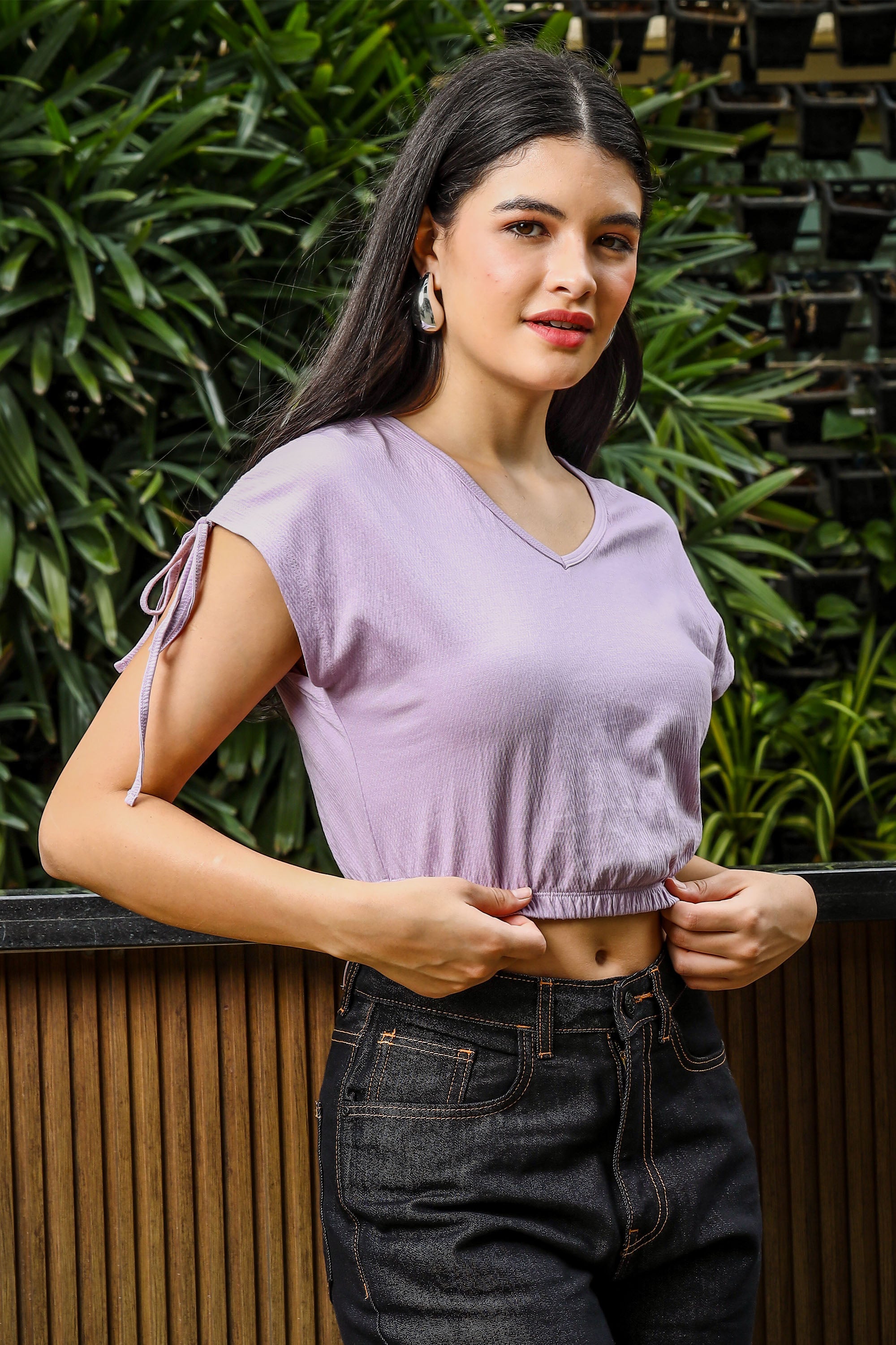 ONE SKY WOMEN LAVENDER FROST SOLID CROP RUCHING TOP