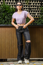 ONE SKY WOMEN LAVENDER FROST SOLID CROP RUCHING TOP