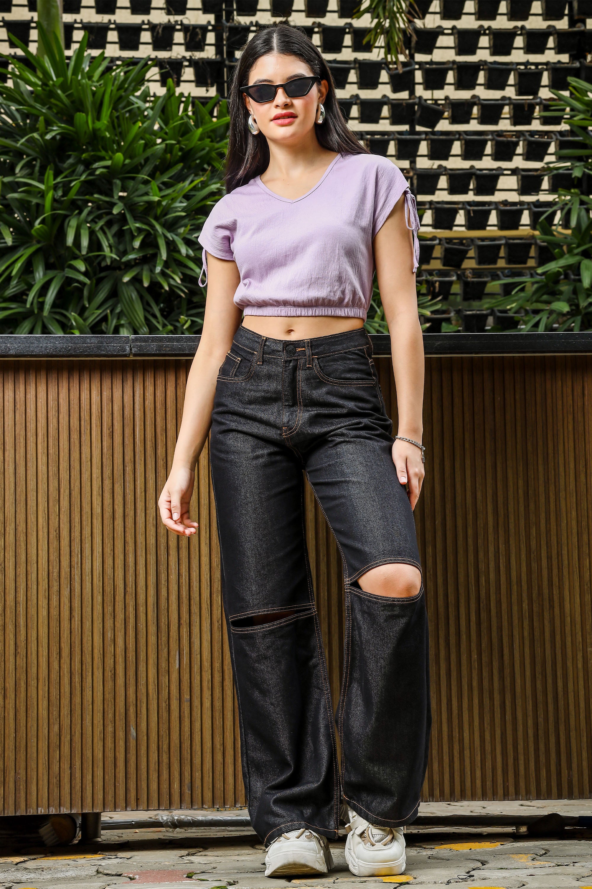 ONE SKY WOMEN LAVENDER FROST SOLID CROP RUCHING TOP