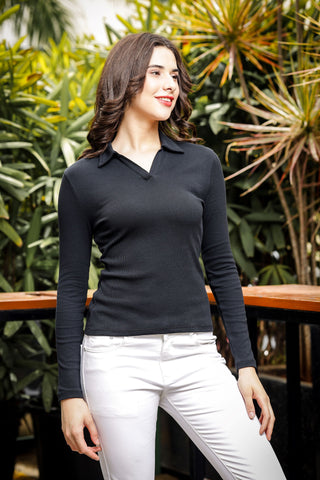 Womens Full Sleeve Polo Neck Black Top