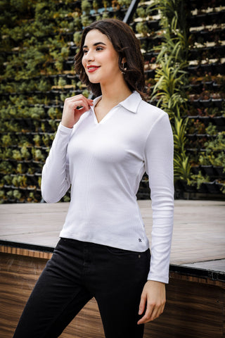 Womens Full Sleeve Polo Neck White Top