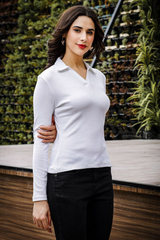 Womens Full Sleeve Polo Neck White Top