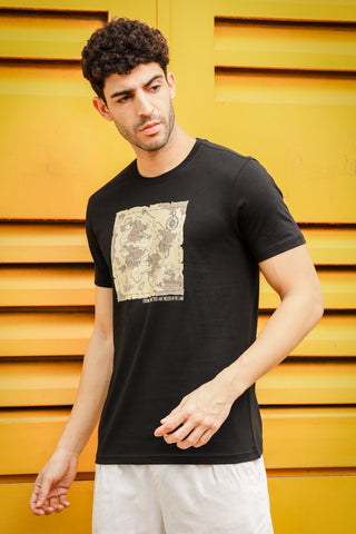 Round Neck T-Shirt - Comfortable Black Graphic Print