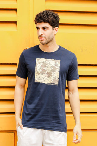 Round Neck T-Shirt - Comfortable Navy Graphic Print, Men's Wear Tee Stylish Regular Fit Cotton Tshirt for Casual, Outing, Hiking