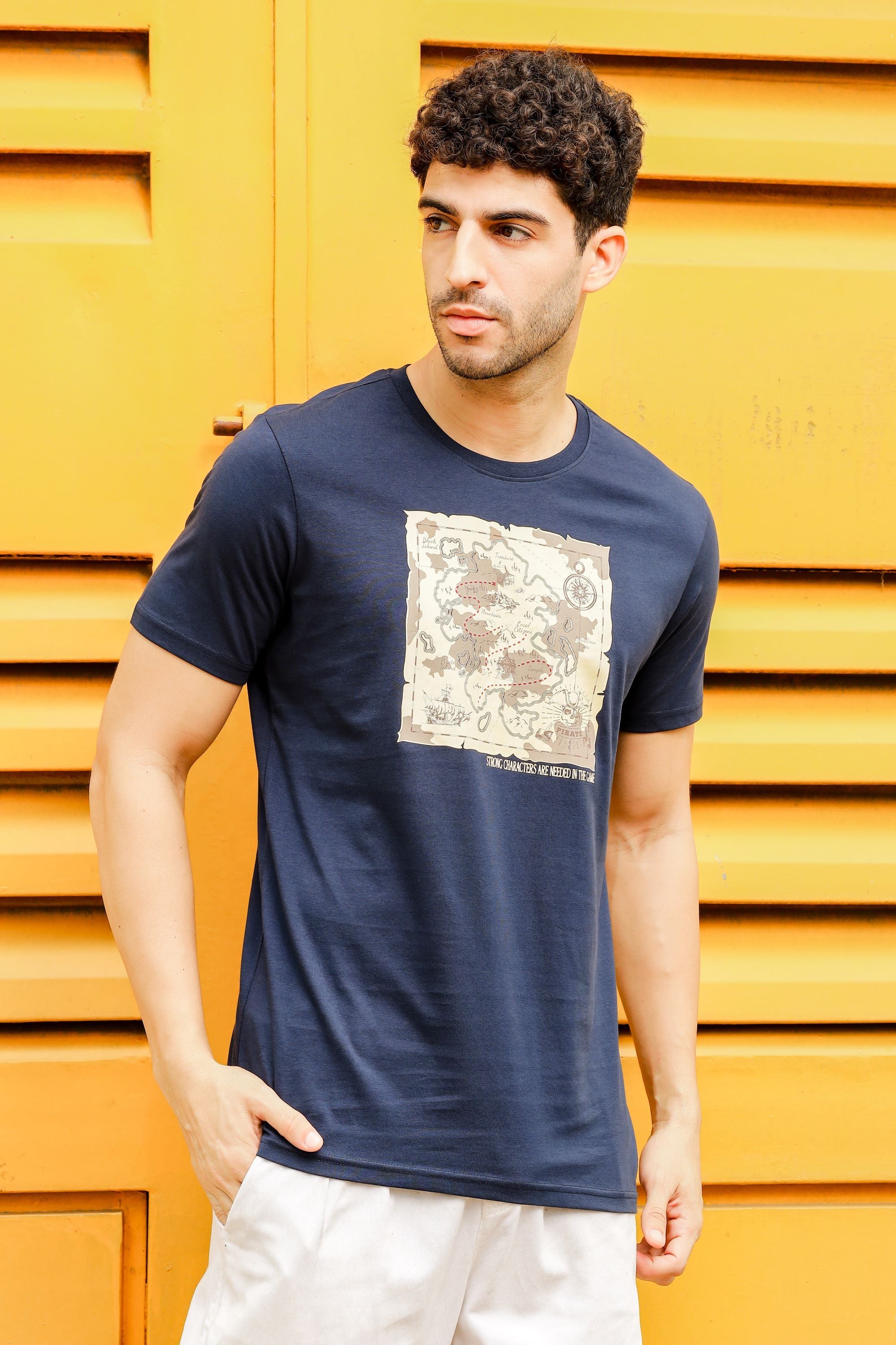 Round Neck T-Shirt - Comfortable Navy Graphic Print, Men's Wear Tee Stylish Regular Fit Cotton Tshirt for Casual, Outing, Hiking