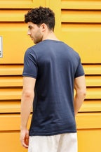 Round Neck T-Shirt - Comfortable Navy Graphic Print, Men's Wear Tee Stylish Regular Fit Cotton Tshirt for Casual, Outing, Hiking