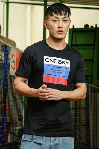 ONE SKY MEN BLACK TYPOGRAPHY PRINTED T SHIRT