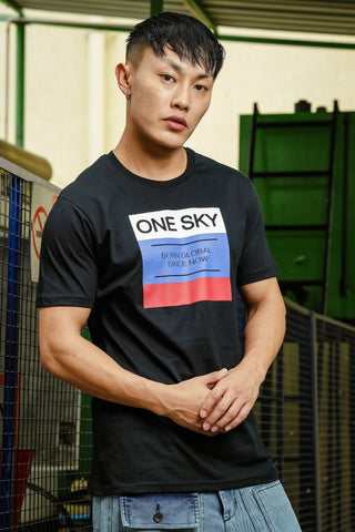ONE SKY MEN BLACK TYPOGRAPHY PRINTED T SHIRT