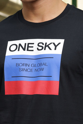 ONE SKY MEN BLACK TYPOGRAPHY PRINTED T SHIRT