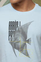 Mens Graphic Print Round Neck Blue Tshirt