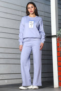 ONE SKY Women's Embroidered & Floral Round Neck Tracksuit | Cotton Blend Long Sleeve Top & Mid-Rise Pleated Slip-On Pants | 4 Pockets