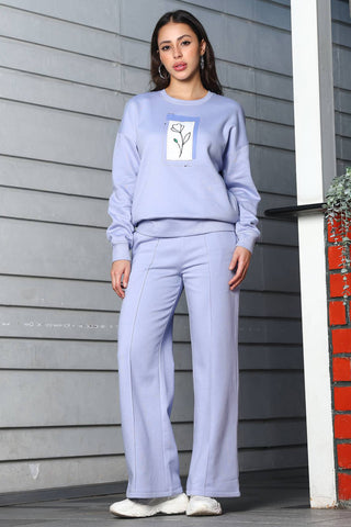 ONE SKY Women's Embroidered & Floral Round Neck Tracksuit | Cotton Blend Long Sleeve Top & Mid-Rise Pleated Slip-On Pants | 4 Pockets