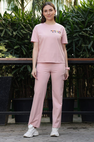 ONE SKY Women’s Cotton Spandex Half Sleeve Co-Ord Set – Printed Typography Round Neck Top & Mid-Rise Slip-On Bottom, Casual 2-Piece Loungewear, Machine Washable